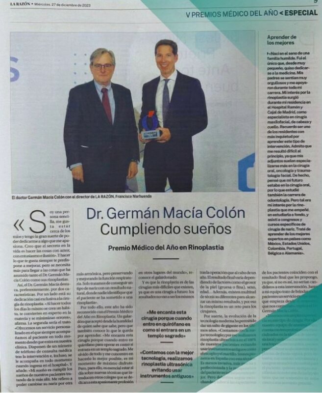 El Dr Macía fue entrevistado por el diario La Razón tras su galardón como médico del año en rinoplastia